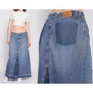 Lucky Denim Maxi Skirt - Vintage Long Frayed Raw Hem Jean Skirt